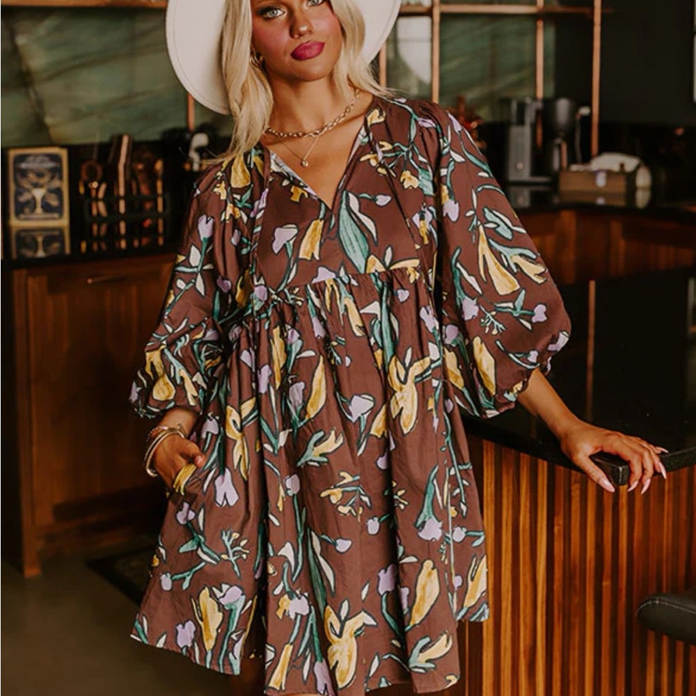Entro Brown Mini Dress with Yellow and Purple Floral Design